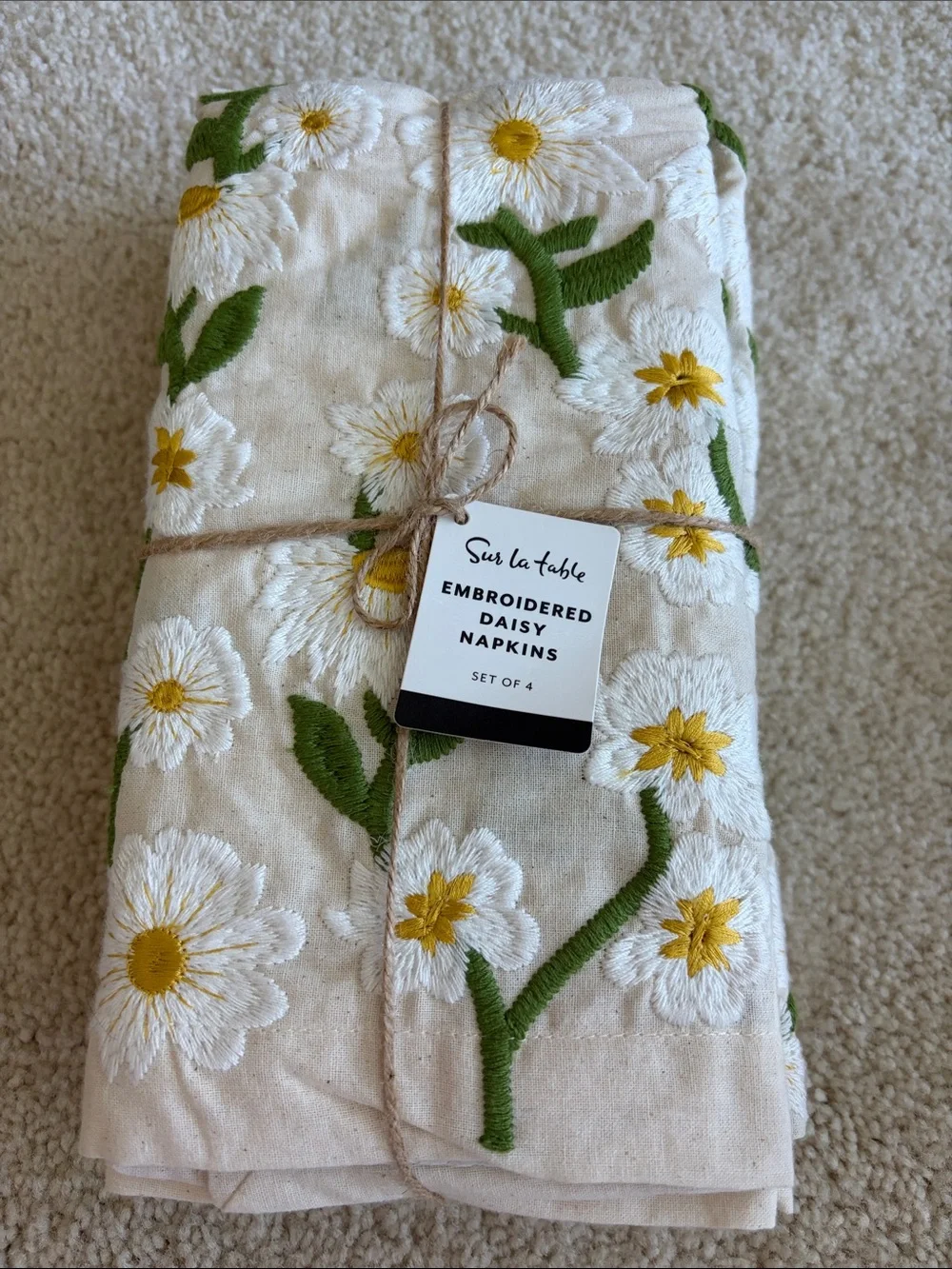 Sur La Table Cream Napkins with White Daisies and Yellow Centers